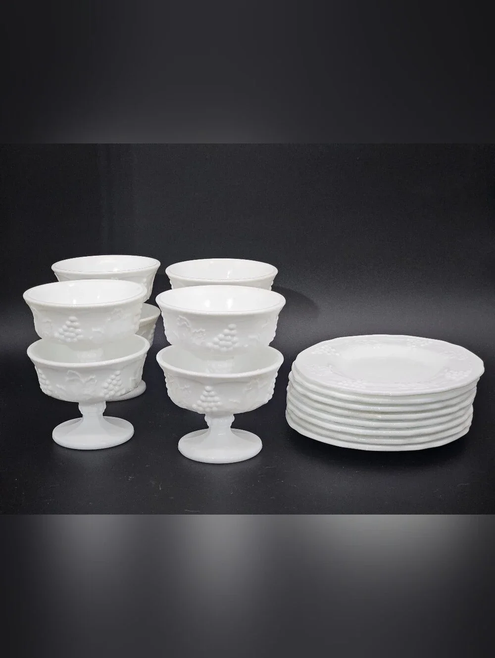 Vintage Indian Glass Colony Harvest Grape Milk Glass Set, Pedestal Compotes and